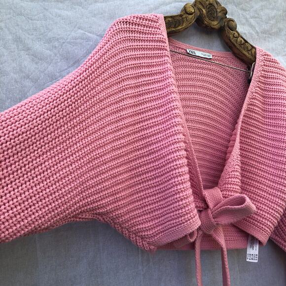 Zara Sweater Chunky Oversized Pink Cardigan V Neck Tie Wrap Crop Blogger Fav S - Picture 4 of 9